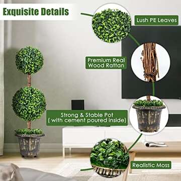 Goplus 3 Ft Artificial Boxwood Topiary Tree, Fake Greenery Plants Ball Tree, Leaves & Cement-Filled Plastic Flower Pot Decorative Trees for Home Office Indoor Outdoor
