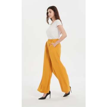 Tronjori Women High Waist Casual Wide Leg Long Palazzo Pants Trousers Regular Size(L, Mustard Yellow)