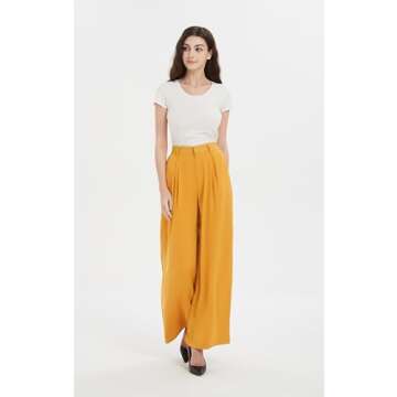 Tronjori Women High Waist Casual Wide Leg Long Palazzo Pants Trousers Regular Size(L, Mustard Yellow)