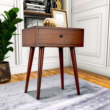 Decor Therapy Mid Century 1-Drawer Wood Side Table, Light Walnut