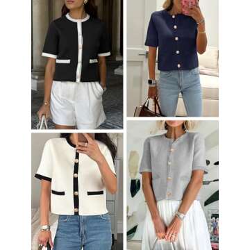 ANRABESS Women's Short Sleeve Cardigan Sweaters Summer Casual Crew Neck Knit Striped Button Down Cropped Dressy Blouses Tops Peach Pink Large