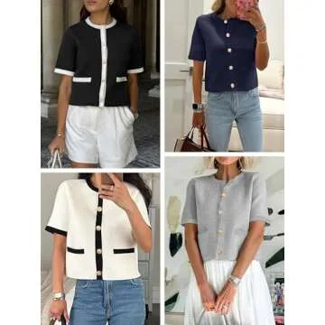 ANRABESS Women's Short Sleeve Cardigan Sweaters Summer Casual Crew Neck Knit Striped Button Down Cropped Dressy Blouses Tops Peach Pink Large