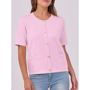 ANRABESS Women's Short Sleeve Cardigan Sweaters Summer Casual Crew Neck Knit Striped Button Down Cropped Dressy Blouses Tops Peach Pink Large