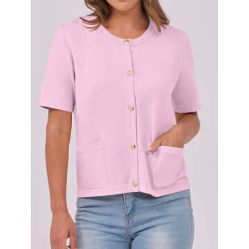 ANRABESS Women's Short Sleeve Cardigan Sweaters Summer Casual Crew Neck Knit Striped Button Down Cropped Dressy Blouses Tops Peach Pink Large