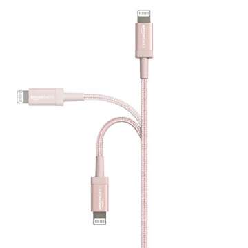 Amazon Basics USB-A to Lightning Charger Cable, Nylon Braided Cord, MFi Certified Charger for Apple iPhone 14 13 12 11 X Xs Pro, Pro Max, Plus, iPad, 6 Foot, Rose Gold
