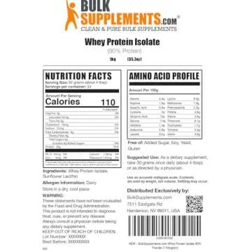 BulkSupplements.com Whey Protein Isolate Powder - Unflavored Protein Powder, Whey Isolate Protein Powder - Whey Protein Powder, Gluten Free, 30g per Serving, 1kg (2.2 lbs) (Pack of 1)
