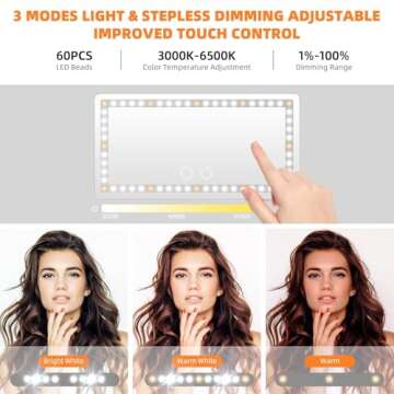 Car Sun Visor Vanity Mirror, Rechargeable Makeup Mirrors with 3 Light Modes & 60 LEDs- Dimmable Clip-on Rear View Sun-Shading Cosmetic Mirror with Touch on Screen, Universal for Truck SUV(Grey)