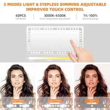 Car Sun Visor Vanity Mirror, Rechargeable Makeup Mirrors with 3 Light Modes & 60 LEDs- Dimmable Clip-on Rear View Sun-Shading Cosmetic Mirror with Touch on Screen, Universal for Truck SUV(Grey)