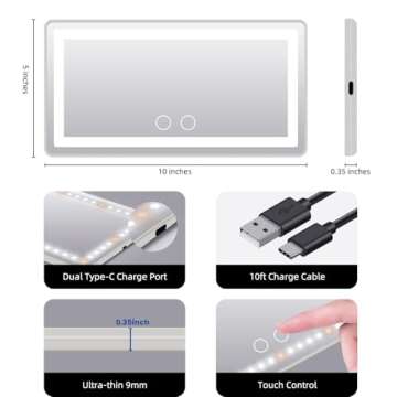 Car Sun Visor Vanity Mirror, Rechargeable Makeup Mirrors with 3 Light Modes & 60 LEDs- Dimmable Clip-on Rear View Sun-Shading Cosmetic Mirror with Touch on Screen, Universal for Truck SUV(Grey)