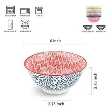 Selamica Porcelain 20oz Cereal Bowl Set - Set of 6, 6 inch Soup Bowls, Ceramic bowls for Cereal, Sou...