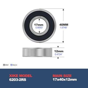 XiKe (10 Pack) 6203-2RS Double Sealed Deep Groove Ball Bearings, 17x40x12mm, Pre-Lubricated for High...