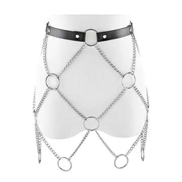 Ayliss Women Punk Waist Belt Metal Chain PU Leather Belly Hip Skirt Wrap Rocker Waistband Belt Dance Clubwear Party Costume (Black #1)