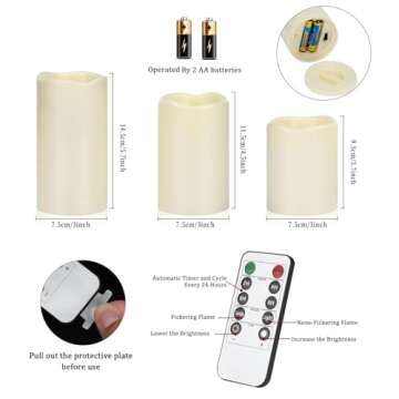 Artmarry Flameless Candles 4" 5" 6" Set of 3 Ivory Outdoor Indoor Pillars 3" Diameter Battery Operated Flickering Candles Include 10-Key Remote Timer Function 400+ Hours Requires 2 AA Batteries