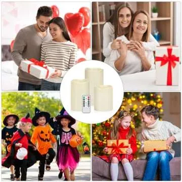 Artmarry Flameless Candles 4" 5" 6" Set of 3 Ivory Outdoor Indoor Pillars 3" Diameter Battery Operated Flickering Candles Include 10-Key Remote Timer Function 400+ Hours Requires 2 AA Batteries