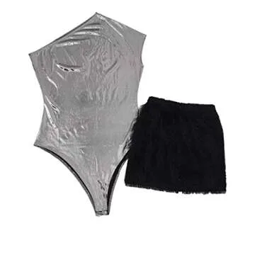 Kafiloe Women Metallic Bodysuit & Mini Skirt Set