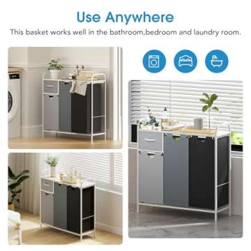 Yecaye Laundry Sorter 3 Section, Laundry Hamper with Shelf and 1 Drawer, 35.7Gal(135L) Laundry Basket Organizer, Pull-Out and Removable Oxford Fabric Laundry Bags for Laundry Room, Bedroom, Bathroom