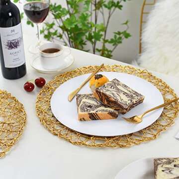 IcosaMro Gold Round Placemats for Dining Table Set of 6 Non-Slip Woven Heat Resistant Circle Table Mats Metallic Place Mats for Table Decor Holiday Christmas Wedding Accent Centerpiece, 14.96 Inches