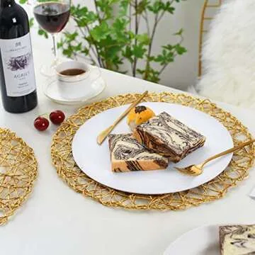 IcosaMro Gold Round Placemats for Dining Table Set of 6 Non-Slip Woven Heat Resistant Circle Table Mats Metallic Place Mats for Table Decor Holiday Christmas Wedding Accent Centerpiece, 14.96 Inches