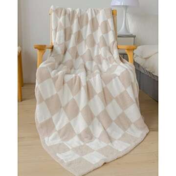 Ultra Soft Classic Checkerboard Chessboard Knitted Throw Blankets Fluffy Microfiber Lightweight Warm Cozy Bed Blankets Decor for Couch Sofa Bed (Cream, Throw 51"X63")