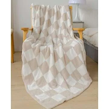 Ultra Soft Classic Checkerboard Chessboard Knitted Throw Blankets Fluffy Microfiber Lightweight Warm Cozy Bed Blankets Decor for Couch Sofa Bed (Cream, Throw 51"X63")