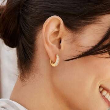 VALLOEY ROVER Women Thick Huggie Hoop Earrings, 14K Plated Gold Dainty Cubic Zirconia Huggie Hoops C...