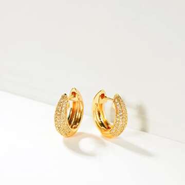 VALLOEY ROVER Women Thick Huggie Hoop Earrings, 14K Plated Gold Dainty Cubic Zirconia Huggie Hoops Cute Hypoallergenic Hoop Earring Minimalist Jewelry Gifts for Lady