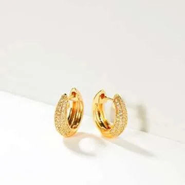 VALLOEY ROVER Women Thick Huggie Hoop Earrings, 14K Plated Gold Dainty Cubic Zirconia Huggie Hoops Cute Hypoallergenic Hoop Earring Minimalist Jewelry Gifts for Lady