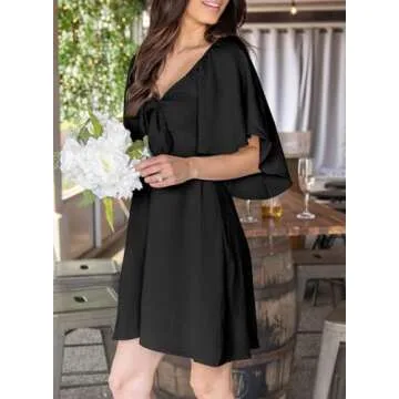 Dokotoo Black Dress Dresses for Women Wedding Guest 2024 Spring 2025 Fashion Summer Drawstring V Neck Ruffle Party Cocktail Womens Dresses Short Sleeve Dress Casual Mini Dress