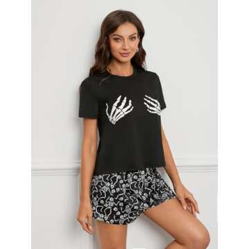 Laqeyko Halloween Pjs Women Skeleton Pajamas Sets Short Sleeve Crop Tee Shirt Top And Shorts Two Pieces Sleepwear Sets Large