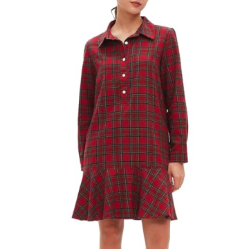 Women's Plaid Tunic Dress V Neck Button Down Collar Mini Dress Flowy Swing Shift Christmas Dress Red