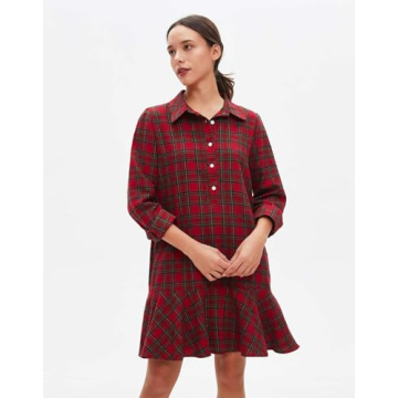 Women's Plaid Tunic Dress V Neck Button Down Collar Mini Dress Flowy Swing Shift Christmas Dress Red