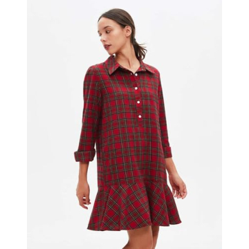 Women's Plaid Tunic Dress V Neck Button Down Collar Mini Dress Flowy Swing Shift Christmas Dress Red
