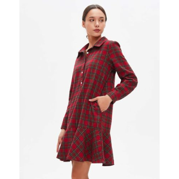 Women's Plaid Tunic Dress V Neck Button Down Collar Mini Dress Flowy Swing Shift Christmas Dress Red