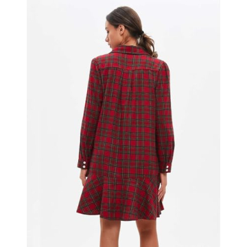 Women's Plaid Tunic Dress V Neck Button Down Collar Mini Dress Flowy Swing Shift Christmas Dress Red