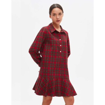 Women's Plaid Tunic Dress V Neck Button Down Collar Mini Dress Flowy Swing Shift Christmas Dress Red