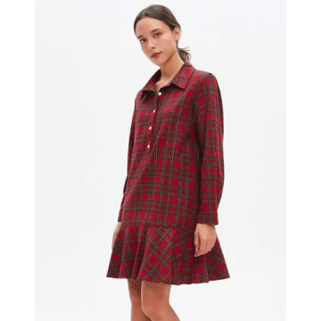 Women's Plaid Tunic Dress V Neck Button Down Collar Mini Dress Flowy Swing Shift Christmas Dress Red