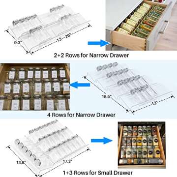 Antimbee Spice Drawer Organizer, 4 Tier- 4 Pack Acrylic Spice Rack Tray for Drawer,Kitchen Spice Rack Tray for Countertop expandable From 13" to 26",Holds up 28 Spice Jars (Jars not Include)