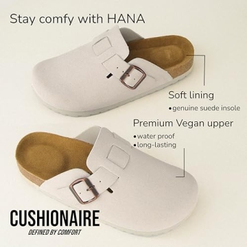 CUSHIONAIRE Hana Footbed Clogs for Women, Trendy Slip-On Buckle Vegan Leather Clogs with Cork Footbed, Womens Suede Clogs, Comfortable Clogs for Women, Arch Support Mules & Clog Slippers Potato Shoes IVORY 6