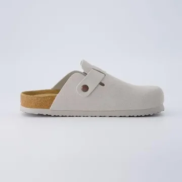 CUSHIONAIRE Hana Footbed Clogs for Women, Trendy Slip-On Buckle Vegan Leather Clogs with Cork Footbed, Womens Suede Clogs, Comfortable Clogs for Women, Arch Support Mules & Clog Slippers Potato Shoes IVORY 6