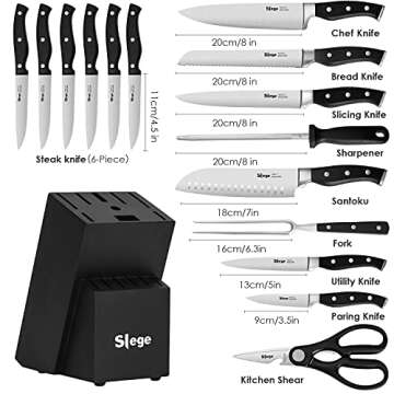 Knife Set, Slege 16-Pieces Kitchen Knife Set with Block, Stainless Steel Kitchen Knives with Sharpener, Kitchen Shears and Carving Fork, Black
