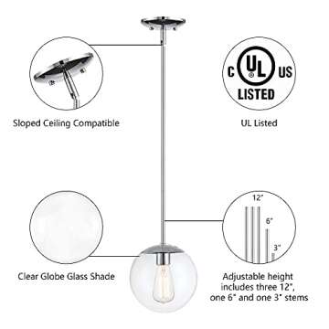 MOTINI Globe Pendant Light, 1-Light Silver Chrome Pendant Lighting with 8" Clear Glass Shade, Single Modern Ceiling Hanging Light Fixture for Kitchen Island, Dining Room