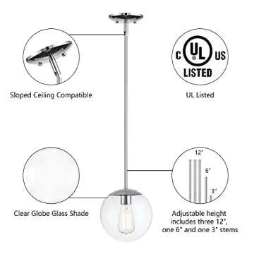 MOTINI Globe Pendant Light, 1-Light Silver Chrome Pendant Lighting with 8" Clear Glass Shade, Single Modern Ceiling Hanging Light Fixture for Kitchen Island, Dining Room