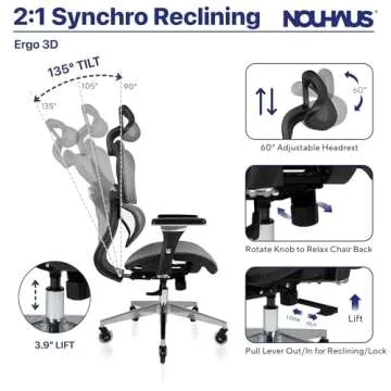 Nouhaus Ergo3D Ergonomic Office Chair Lumbar Support Mesh Office Chair with 4D Adjustable Armrest, Adjustable Headrest and Wheels, Mesh High Back Home Office Desk Chairs (Grey)