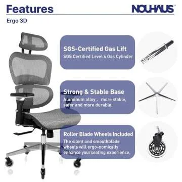 Nouhaus Ergo3D Ergonomic Office Chair Lumbar Support Mesh Office Chair with 4D Adjustable Armrest, Adjustable Headrest and Wheels, Mesh High Back Home Office Desk Chairs (Grey)