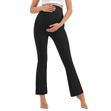 HEGALY Women's Maternity Flare Leggings Over The Belly - Casual Pregnancy Yoga Pants with Pockets Buttery Soft Black