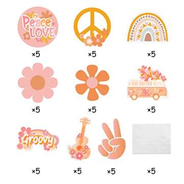 Kirako 45 Pcs Groovy Retro Hippie Cutouts Bulletin Board Decorations Set Pink 60’s Hippie Bus Peace Sign Daisy Flower Boho Rainbow Wall Decals for Classroom Nursery Baby Shower Girl’s Birthday Party
