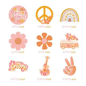 Kirako 45 Pcs Groovy Retro Hippie Cutouts Bulletin Board Decorations Set Pink 60’s Hippie Bus Peace Sign Daisy Flower Boho Rainbow Wall Decals for Classroom Nursery Baby Shower Girl’s Birthday Party