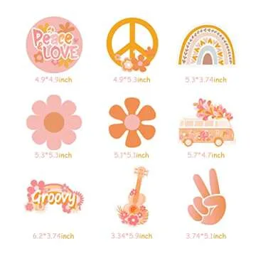 Kirako 45 Pcs Groovy Retro Hippie Cutouts Bulletin Board Decorations Set Pink 60’s Hippie Bus Peace Sign Daisy Flower Boho Rainbow Wall Decals for Classroom Nursery Baby Shower Girl’s Birthday Party
