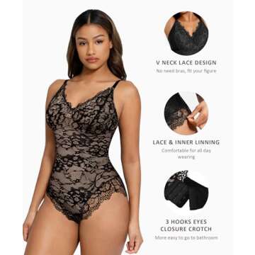 FeelinGirl Shapewear Bodysuit Women Tummy Control Lace Shapewear V Neck Backless Tank Top Thong Body...