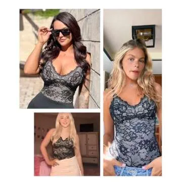 FeelinGirl Shapewear Bodysuit Women Tummy Control Lace Shapewear V Neck Backless Tank Top Thong Body Shapewear Black M